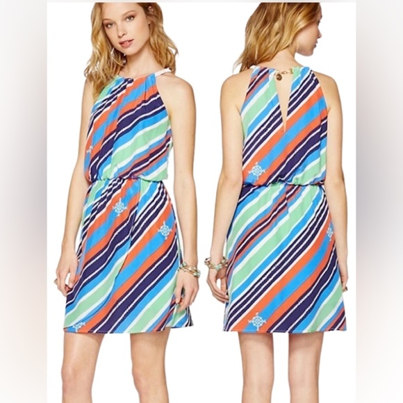 LILLY PULITZER KENNET OVERBOARD STRIPE BRAIDED CHAIN HALTER DRESS 100% SILK - Picture 8 of 14